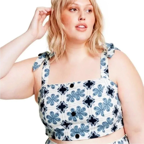 2/$30 Agua Bendita Top Women Size XXL Linen Blend Blue Floral Tile Print Cropped - Picture 1 of 15